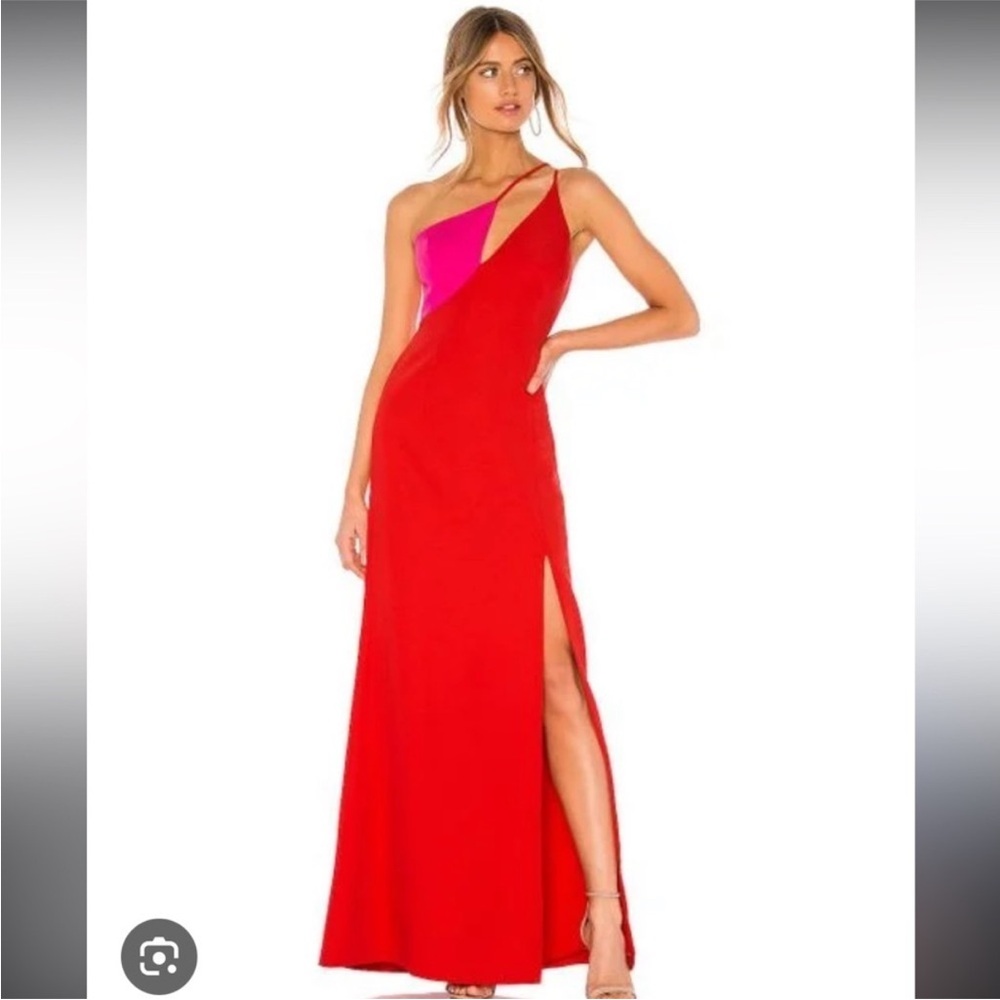 BCBGMaxAzria Red One-Shoulder Gown with Pink Inset